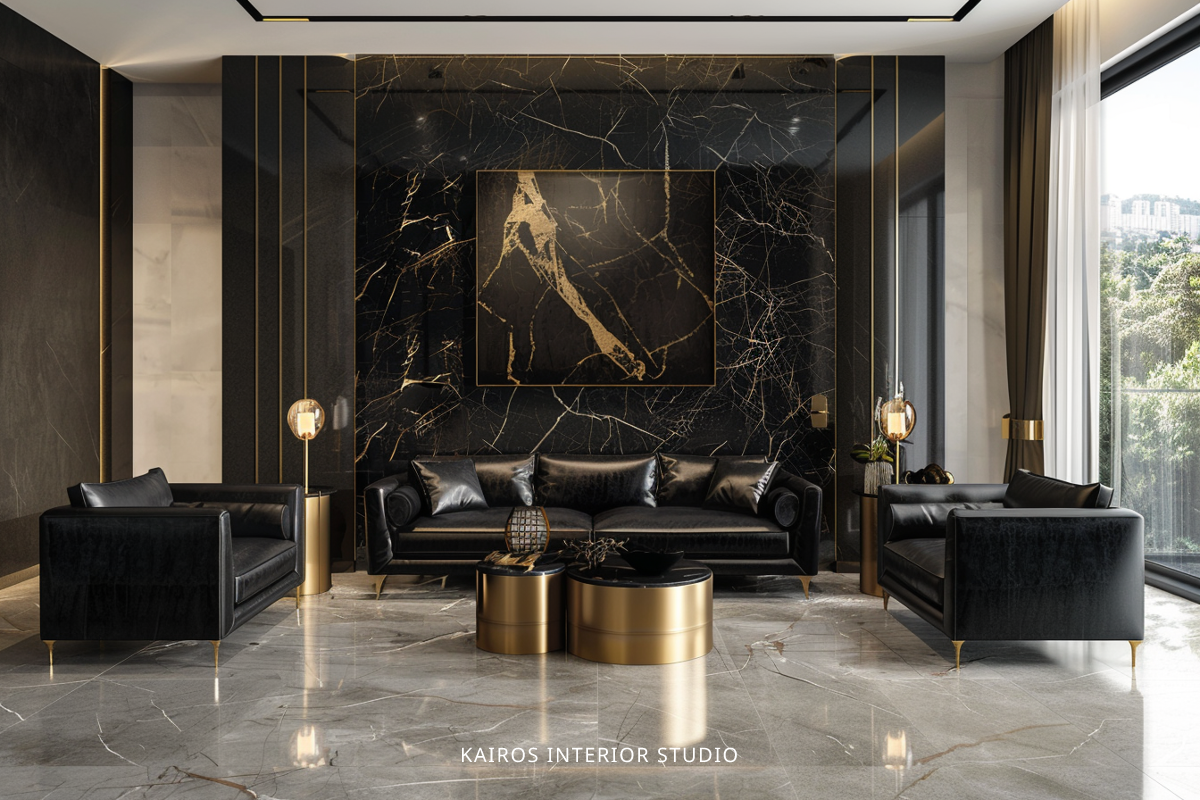 Black marble with gold streaks, a luxurious and opulent Art Deco design element