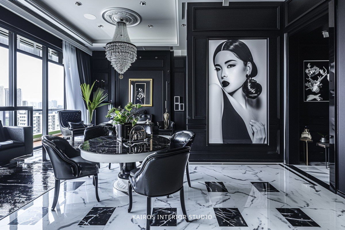 Bold black and white Art Deco design, featuring sharp contrasts and geometric patterns