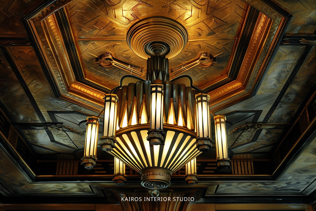 Sleek lighting fixtures with an Art Deco flair, enhancing the elegance of the space