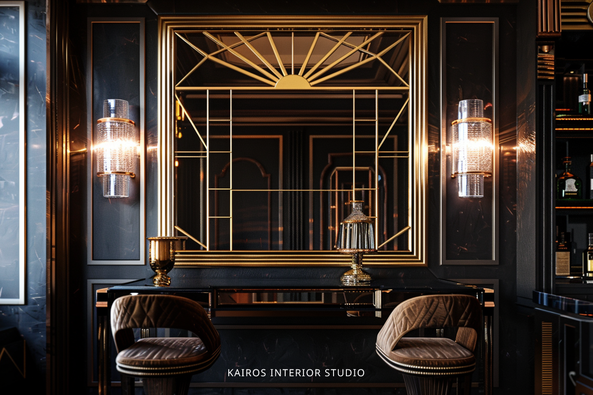 The use of mirrors in Art Deco design, adding depth and reflecting light to enhance the space