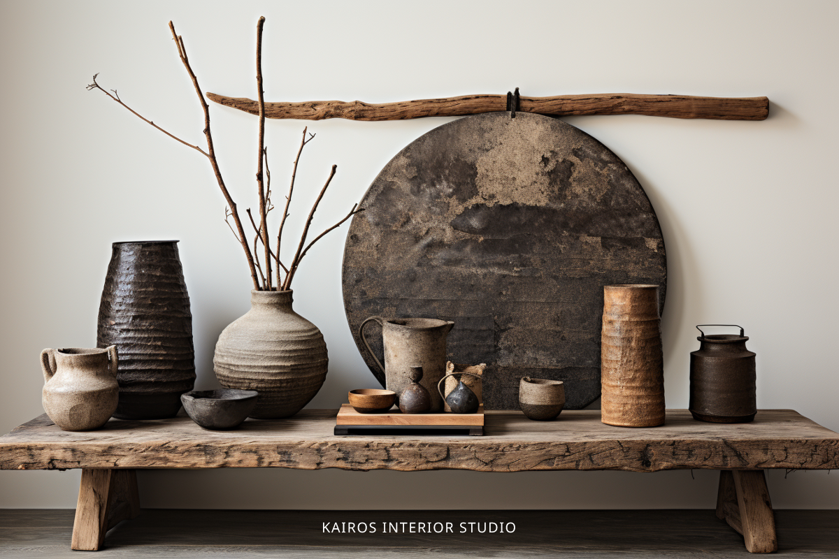 Japandi-style décor, featuring rustic pottery and a weathered metal disc